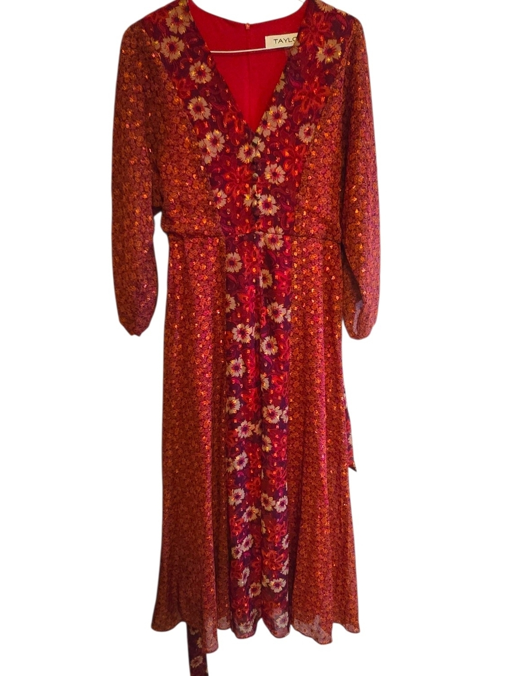 Taylor Red Floral Chiffon Belted Maxi Dress 4 3/4 Sleeve Romantic Maximalist